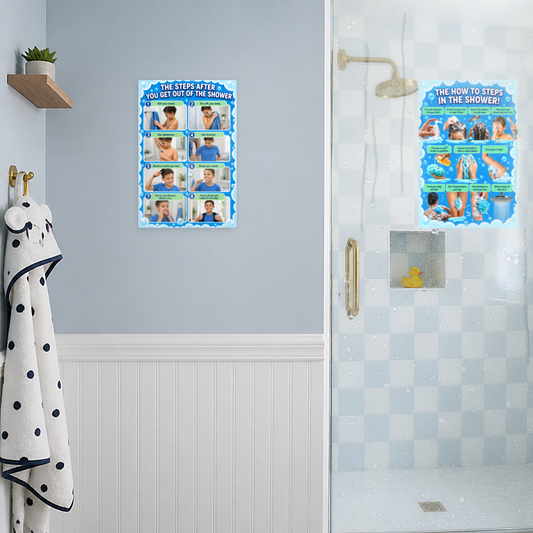 Visual Shower Routine Bundle for Kids & Teens – Shower Glass Cling + After-Shower Wall Decal, 12x18