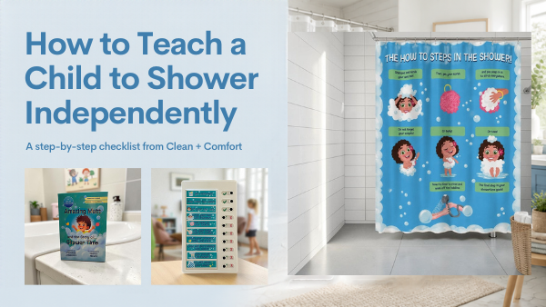Visual shower curtain liner with step-by-step pictures hanging in a bathroom, next to a children’s shower social story book and a shower checklist for kids, with the title “How to Teach a Child to Shower Independently”