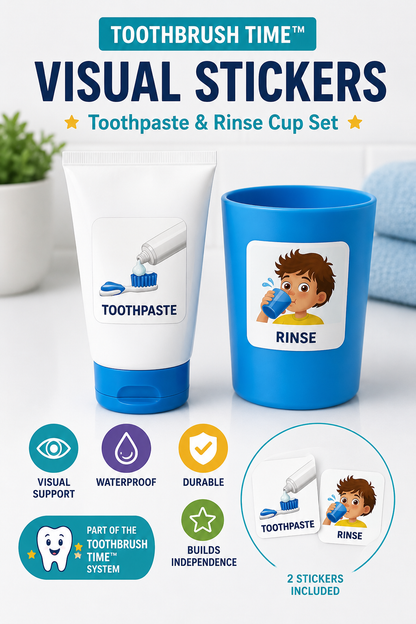 Toothbrushing Visual Stickers for Kids | Toothpaste & Rinse Cup Labels