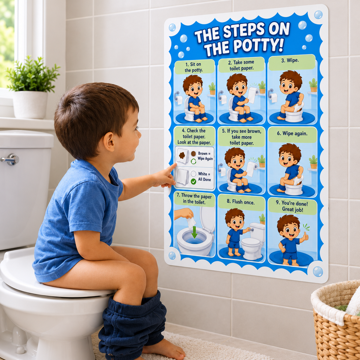 Child learning potty steps from a visual decal in a bright bathroom