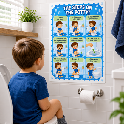 Child learning potty training steps from a visual poster