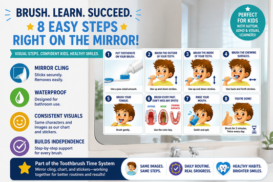 Toothbrush Time Character Mirror Cling Steps | Ages 3–10