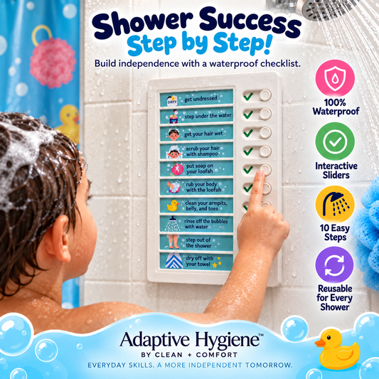 Fully waterproof kids shower checklist with a shower liner in the background