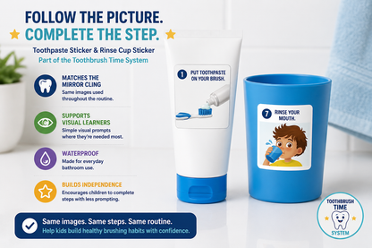 Toothbrushing Visual Stickers for Kids | Toothpaste & Rinse Cup Labels