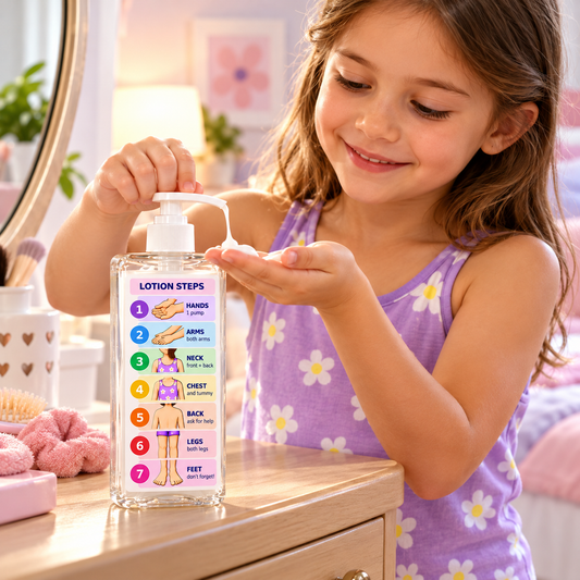 Lotion Steps bottle with visual lotion routine for kids