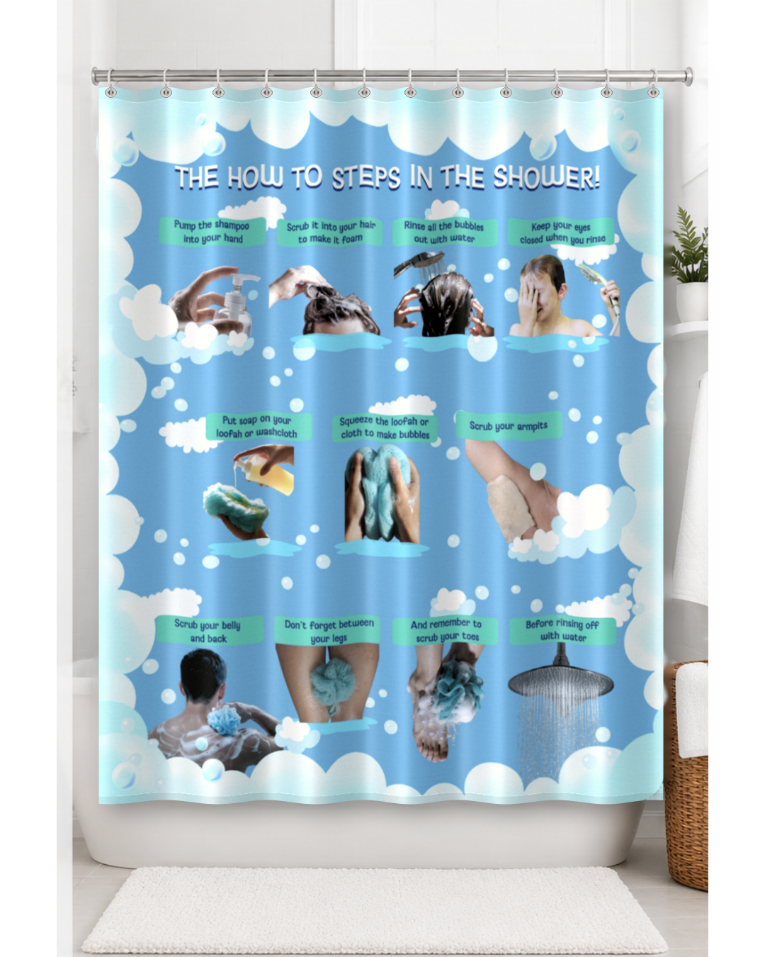 Visual shower routine curtain liner hanging in a realistic bathroom