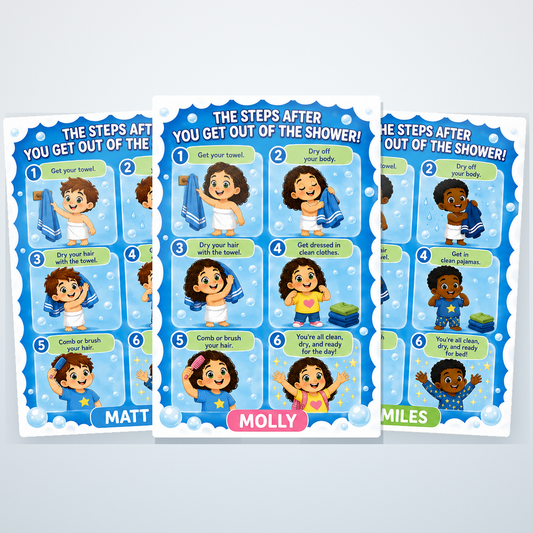 After-shower visual schedule decals in a choice of characters