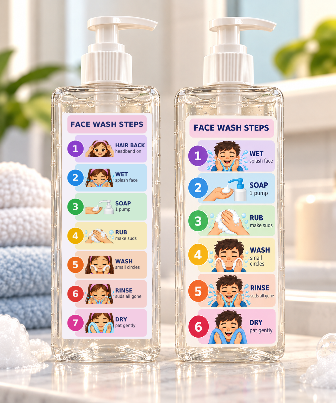 Face Wash Steps bottle with visual face washing guide for kids