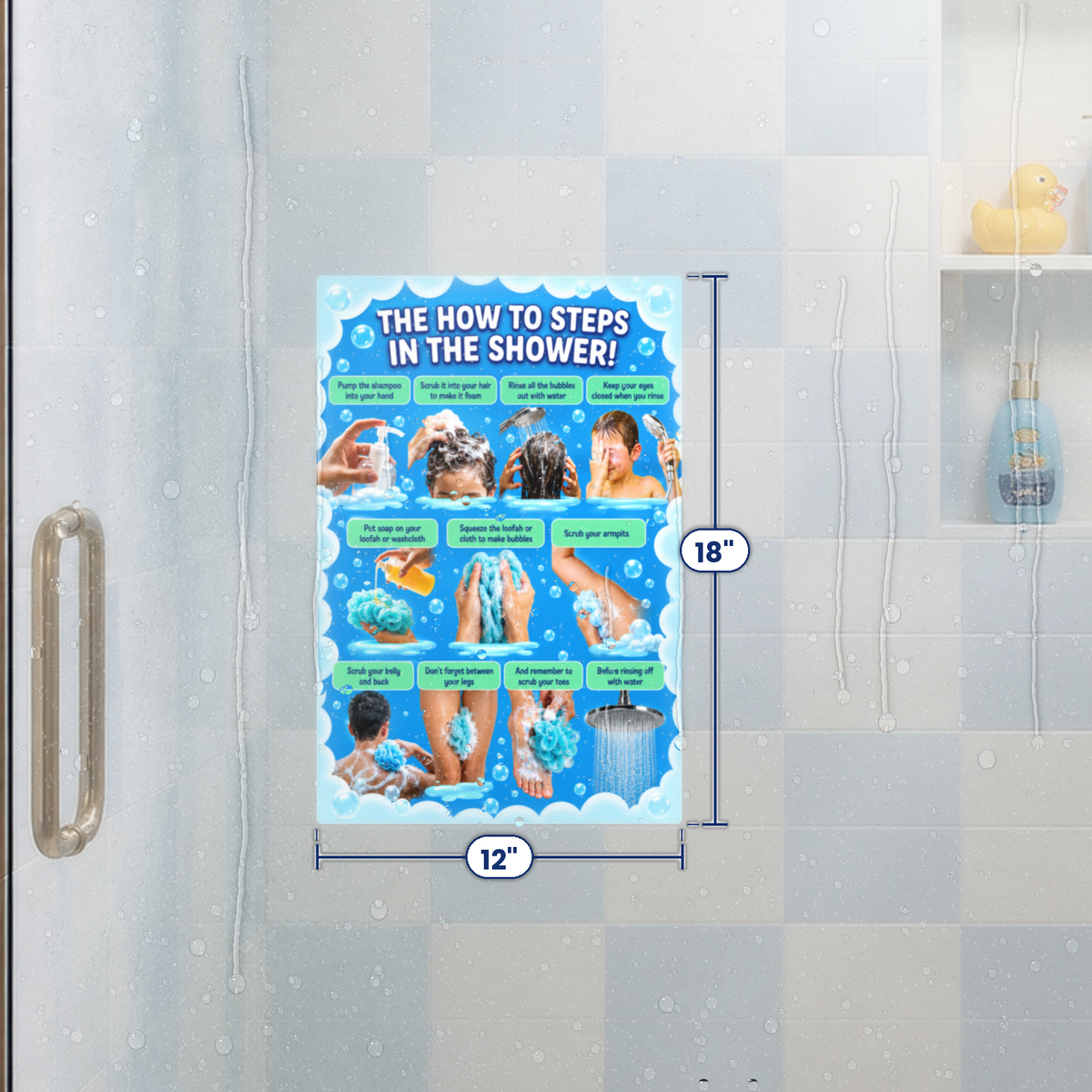 Visual Shower Routine Bundle for Kids & Teens – Shower Glass Cling + After-Shower Wall Decal, 12x18