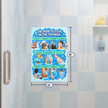 Visual Shower Routine Bundle for Kids & Teens – Shower Glass Cling + After-Shower Wall Decal, 12x18