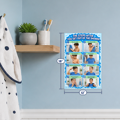 Visual Shower Routine Bundle for Kids & Teens – Shower Glass Cling + After-Shower Wall Decal, 12x18