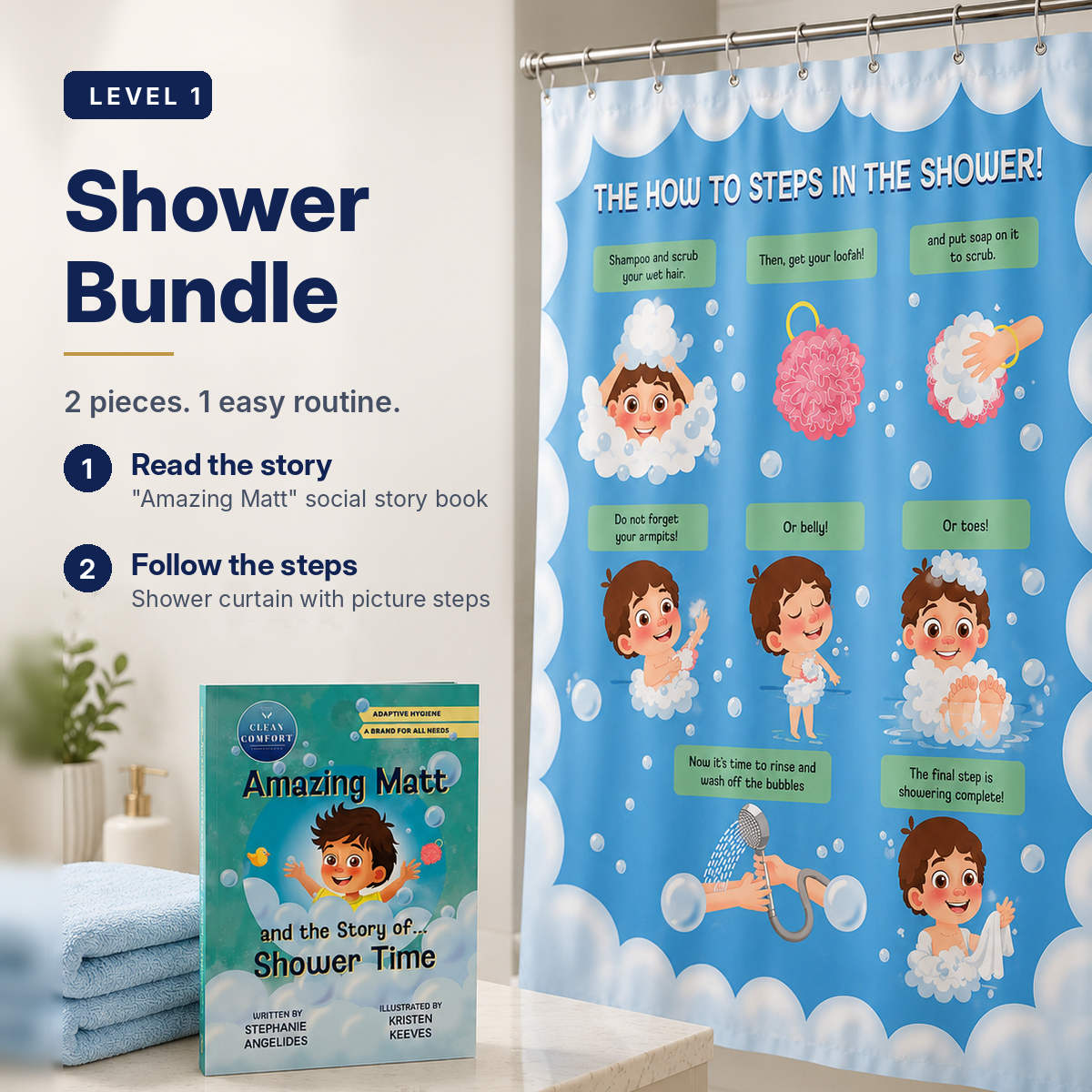 Learn to Shower Level 1 bundle for kids, Matt character