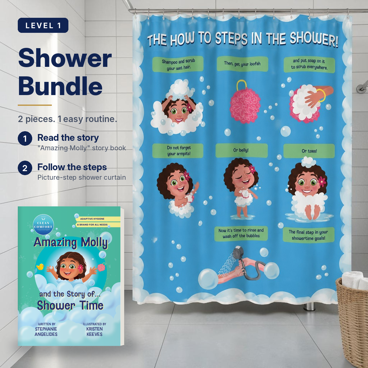 Learn to Shower Level 1 bundle for kids, Molly character