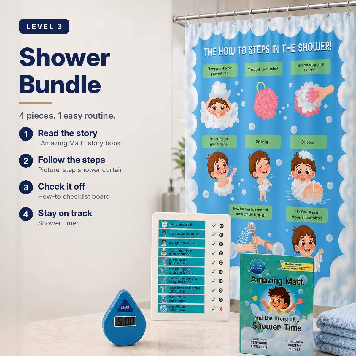 Learn to Shower Level 3 bundle for kids, Matt character