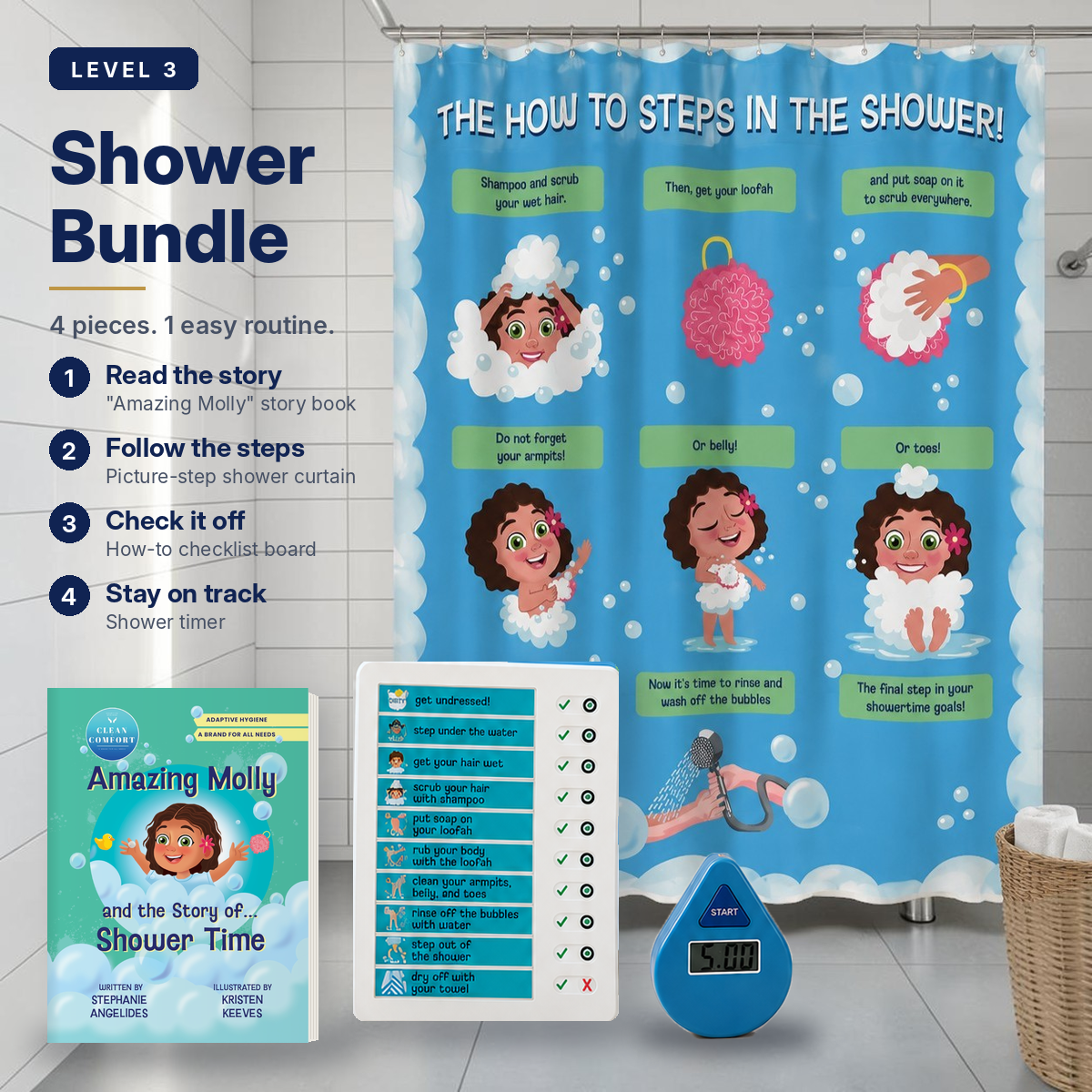 Learn to Shower Level 3 bundle for kids, Molly character