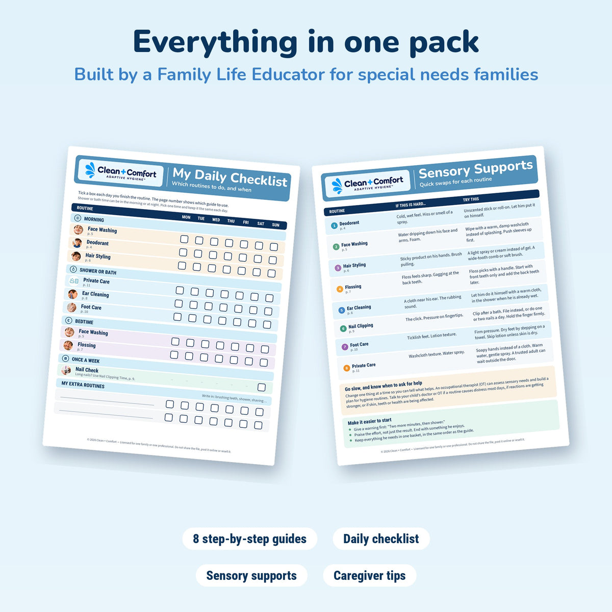 Teen Personal Care Pack, Boy 2, printable PDF: daily checklist and sensory pages
