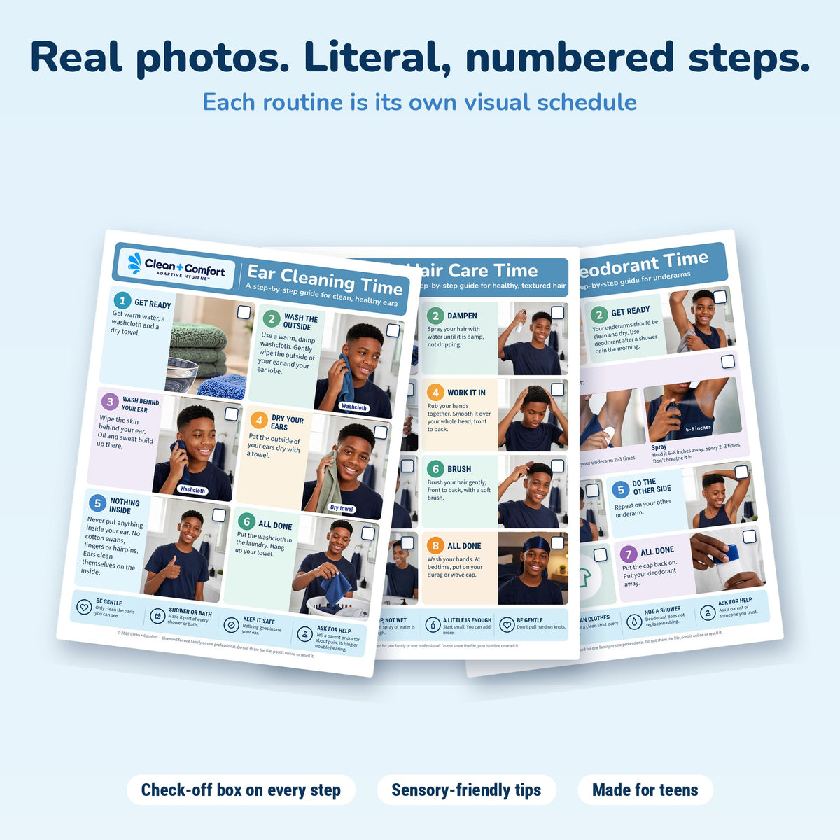 Teen Personal Care Pack, Boy 1, printable PDF: real-photo step guides