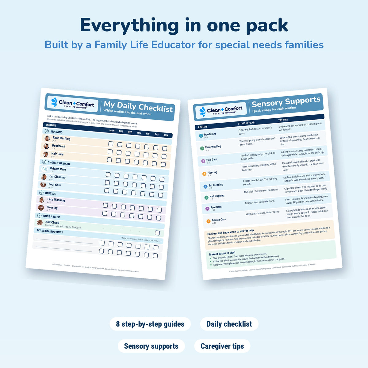 Teen Personal Care Pack, Boy 1, printable PDF: daily checklist and sensory pages