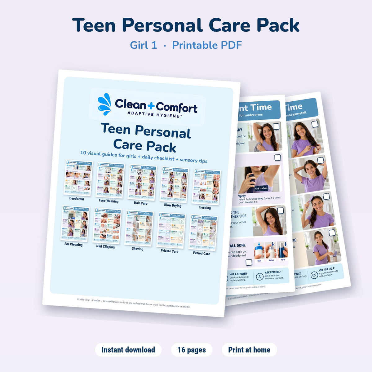 Teen Personal Care Pack, Girl 1, printable PDF: cover
