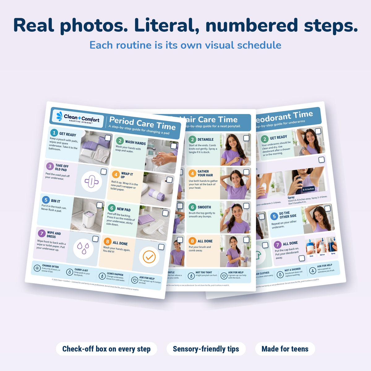 Teen Personal Care Pack, Girl 1, printable PDF: real-photo step guides