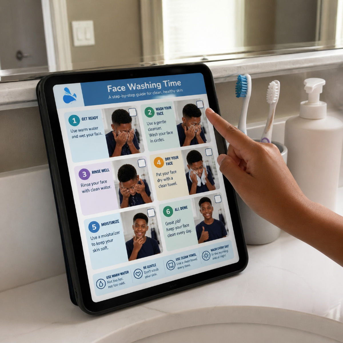 Teen Personal Care Pack Face Washing guide shown on a tablet on a bathroom counter