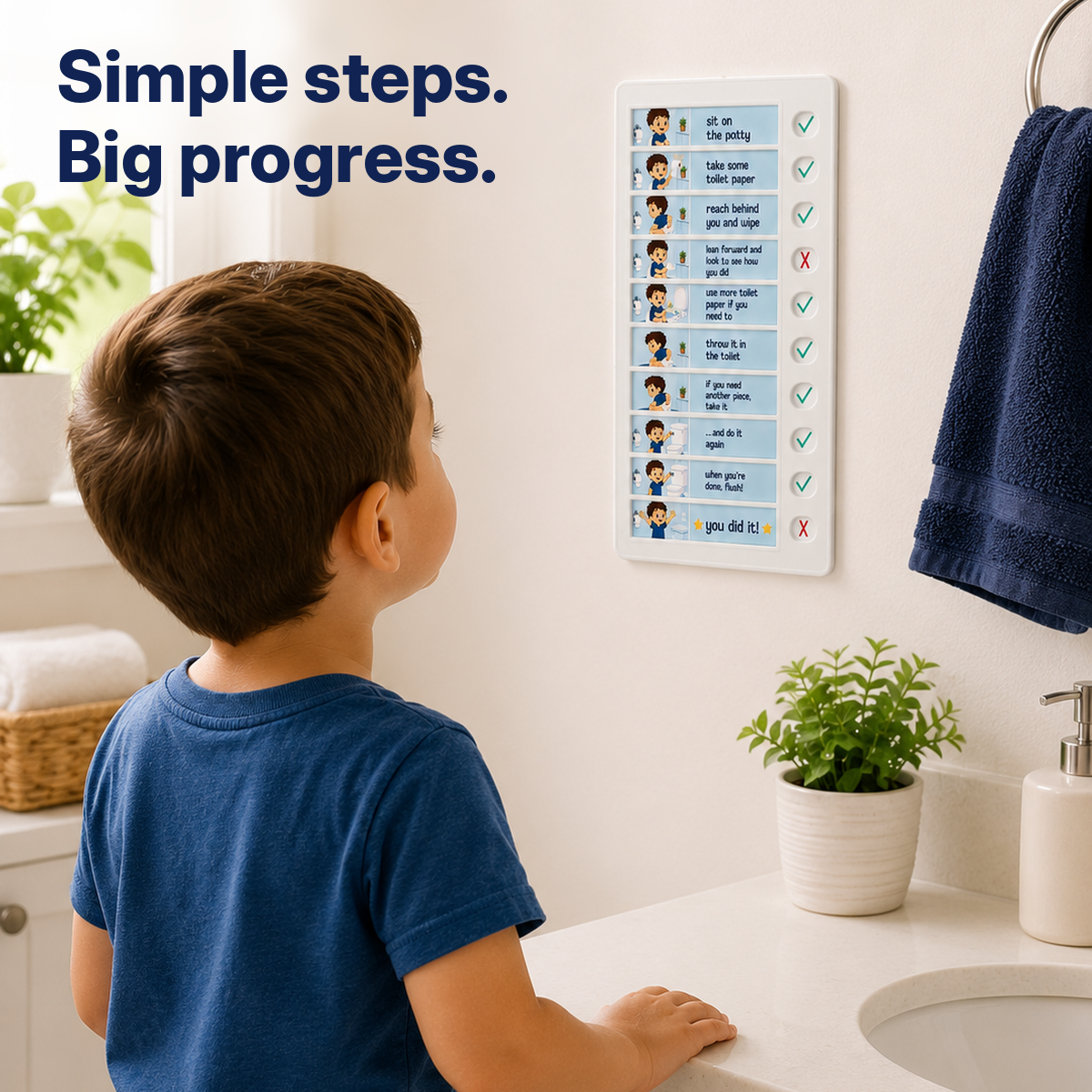 Potty training visual checklist in use in a bathroom