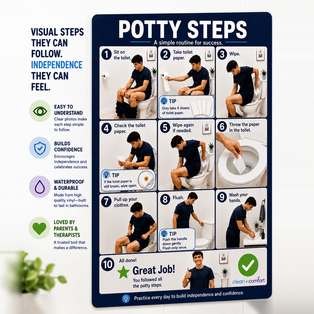 Teen and young adult toileting visual schedule bathroom wall decal