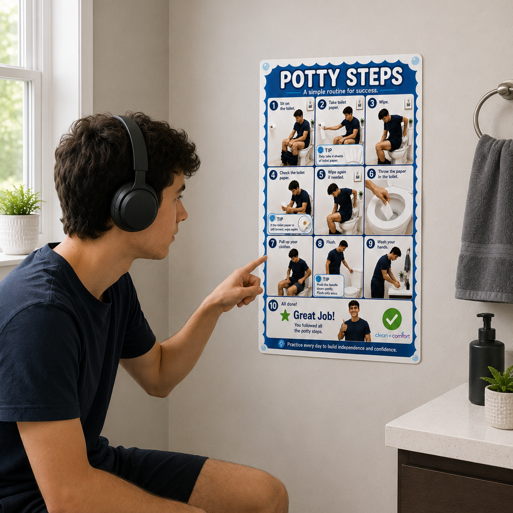 Toileting visual schedule decal on a bathroom wall