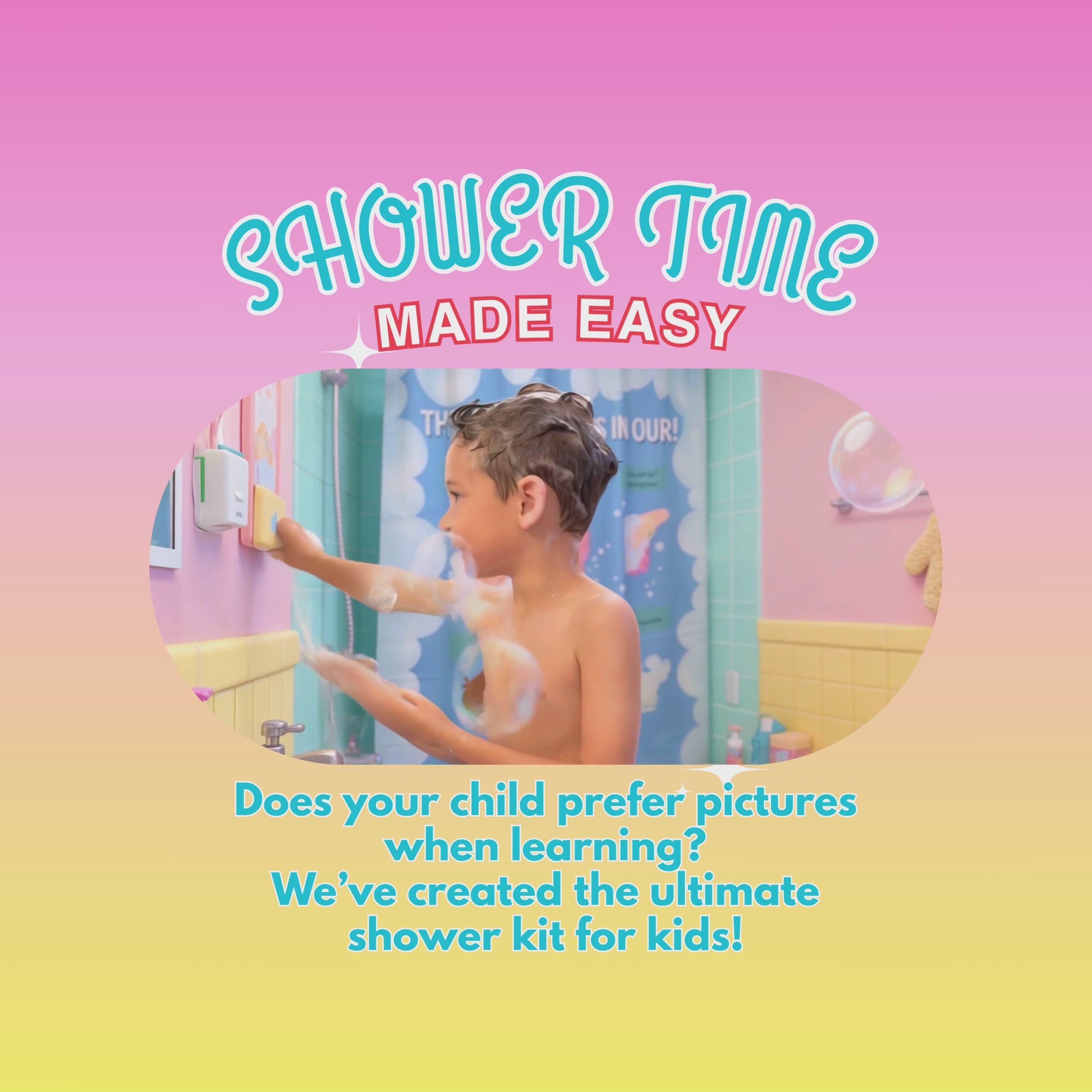 Load video: Colorful background displays each product in the collection as the sweep buy on screen. Showcased are the checklist, shower curtain liner, loofahs, and social story.