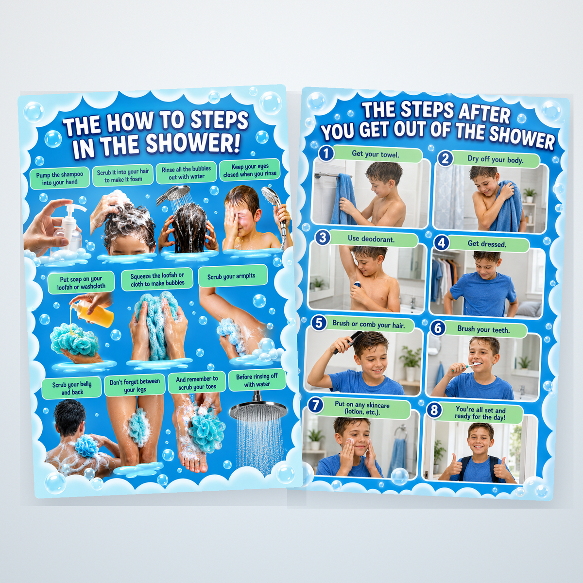 Shower and after-shower routine decals shown in a real bathroom
