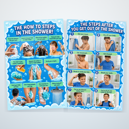 Shower and after-shower routine decals shown in a real bathroom