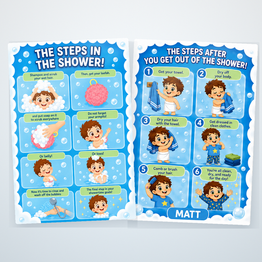 Shower and after-shower visual schedule bundle with two picture-step decals
