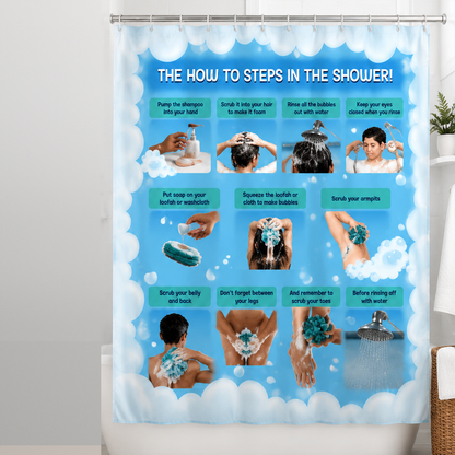 Visual shower curtain liner with step-by-step hygiene pictures