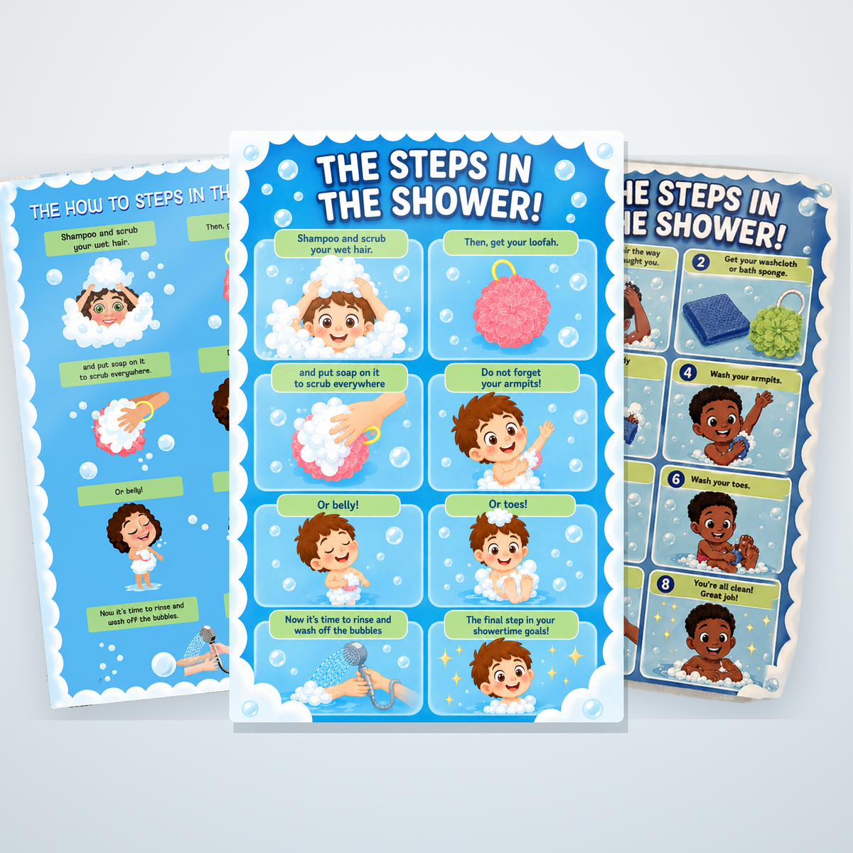 Kids shower visual schedule decals in a choice of characters