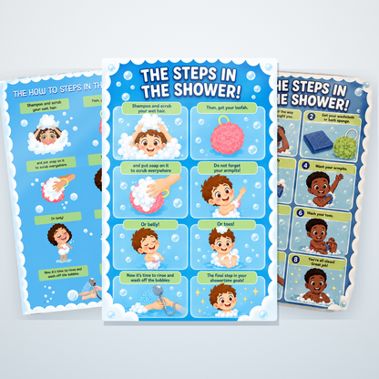 Kids shower visual schedule decals in a choice of characters